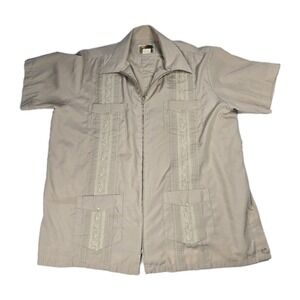 Mens XL Guayabera Shirt Jacket Full Zip Embroidered Short Sleeve Cuban Beach